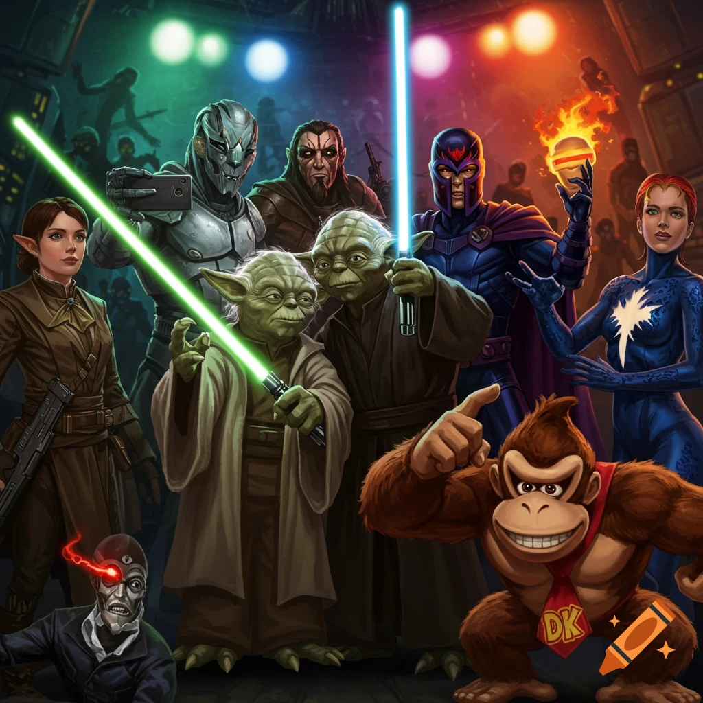 A colorful, dark fantasy and sci-fi illustration of characters from different universes, including two Yodas, Donkey Kong, Magneto, Mystique, and others, at a Halloween party.