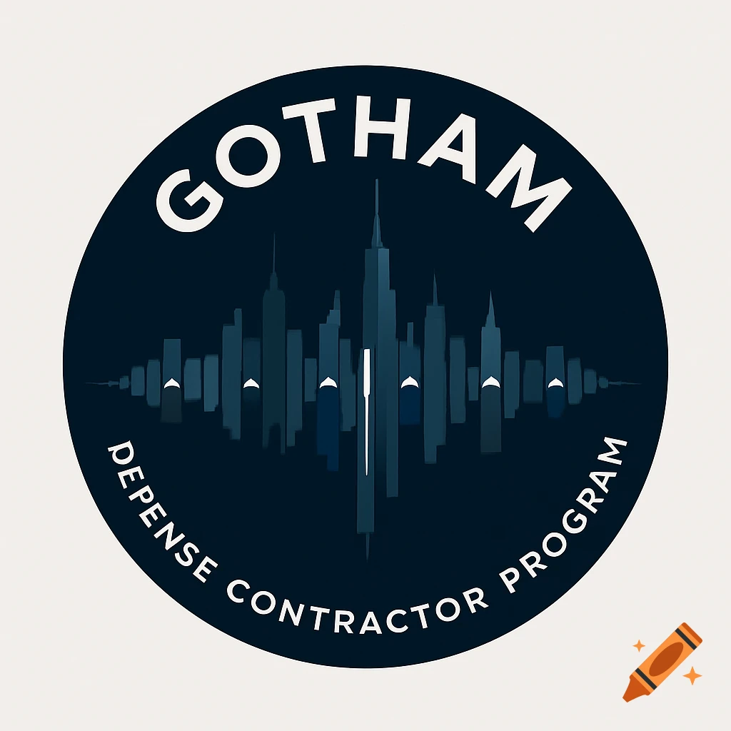 A circular dark blue logo with white text 'GOTHAM Defense Contractor Program' and a stylized city skyline resembling a spectrogram.
