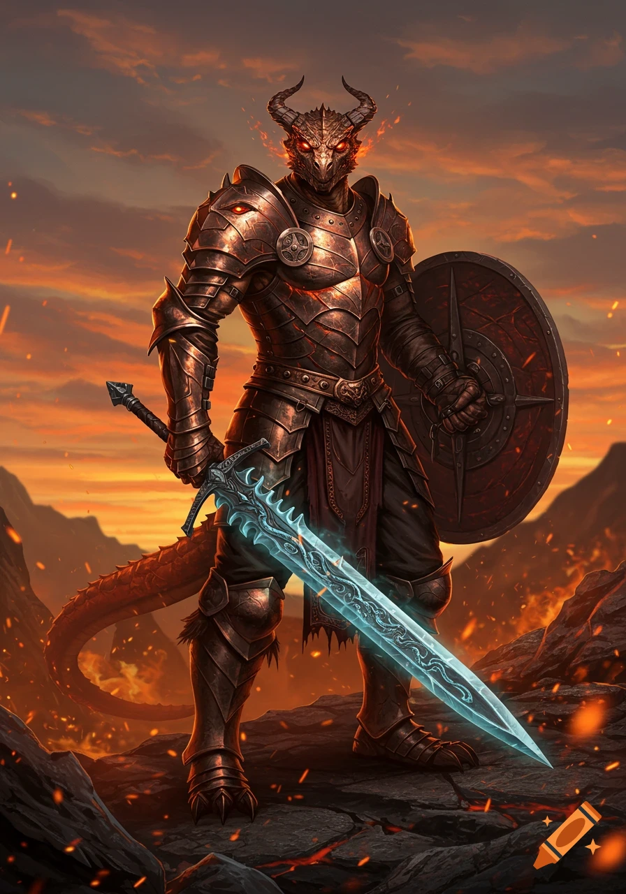 A horned dragonborn warrior in bronze armor with glowing red eyes stands on a fiery landscape, holding a glowing blue greatsword and shield.