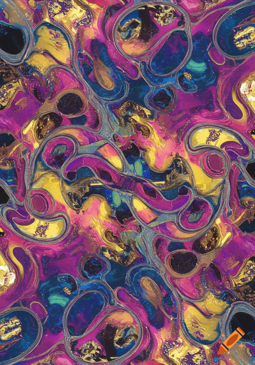 Vibrant abstract pattern of swirling fluid shapes in yellow, pink, purple, and blue with metallic accents.