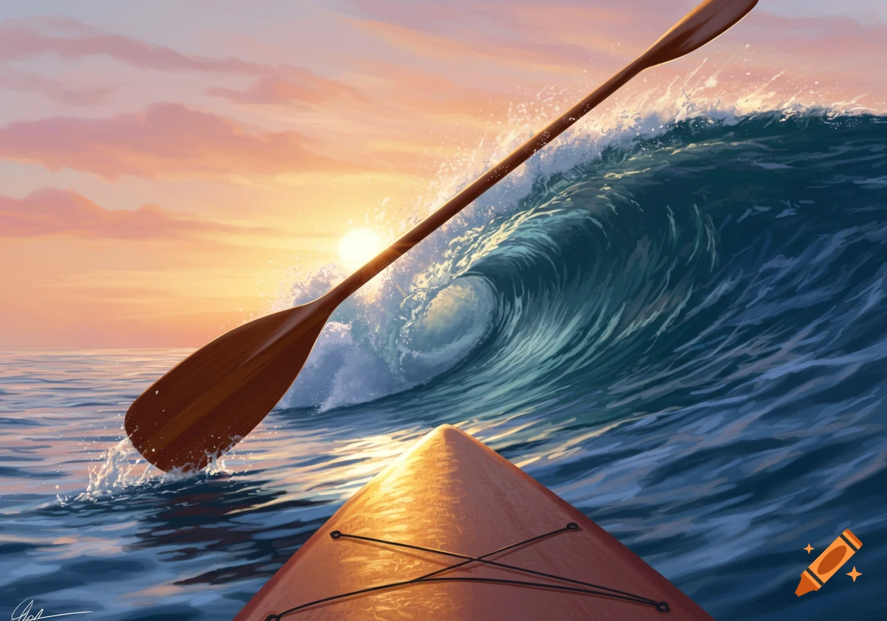 A person in a red kayak paddles towards a large ocean wave during a vibrant sunset, in a stylized illustration.