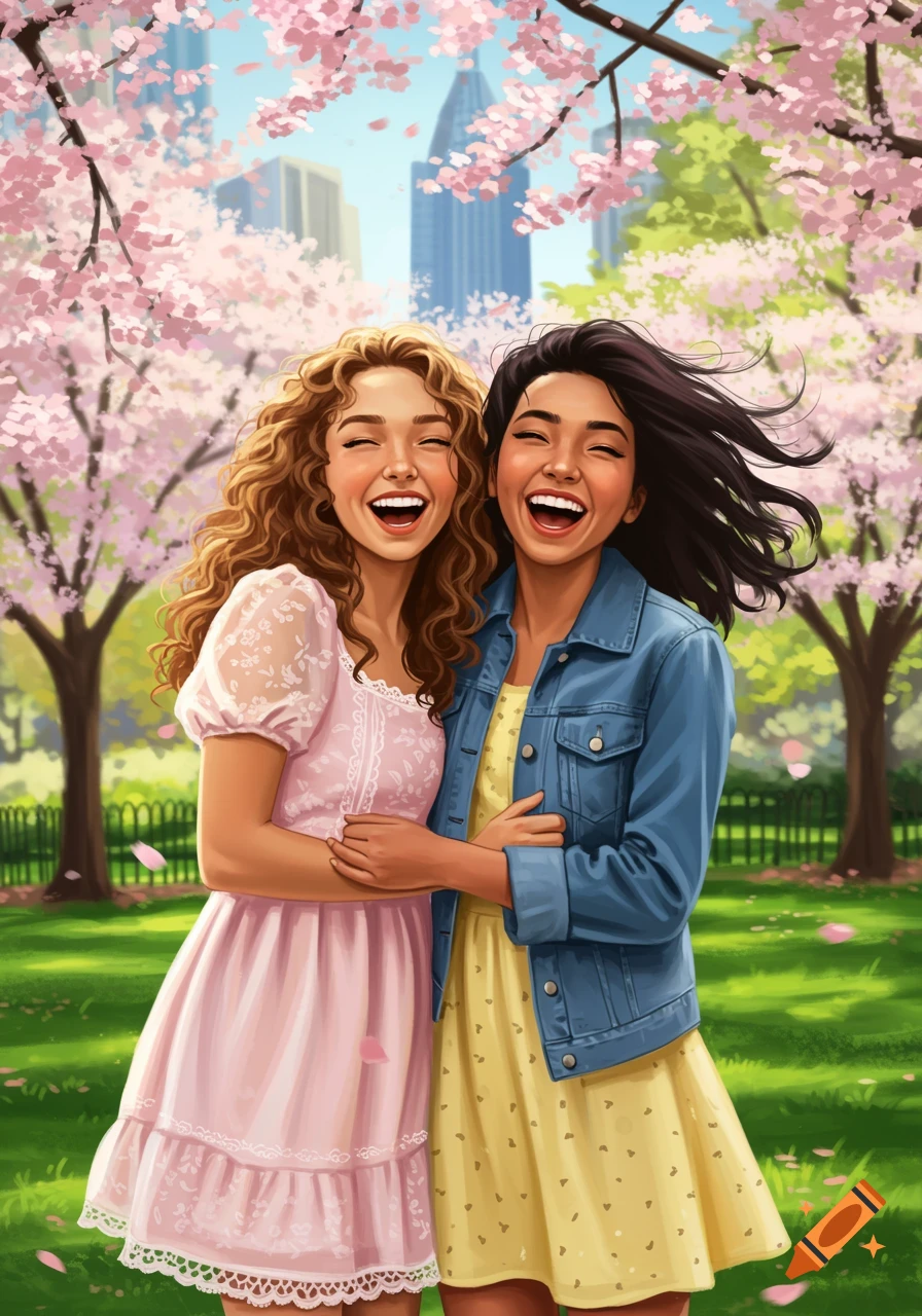 Two laughing women hug in a cherry blossom park with city buildings in the background, illustrative style.
