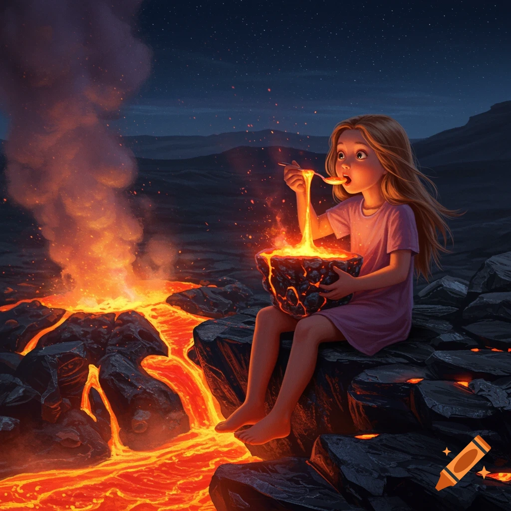 A stylized illustration of a girl sitting on rocks, eating glowing lava from a bowl next to an erupting volcano under a starry sky.