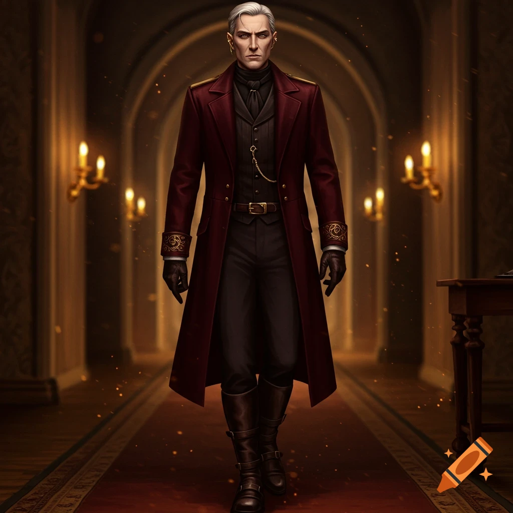 A serious man with gray hair in a deep red long coat, black clothing, and boots stands in a dimly lit, ornate hallway with sconces.