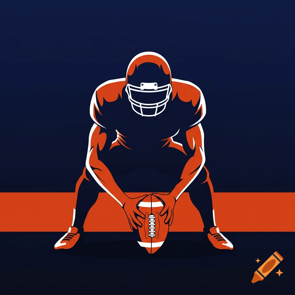 Stylized vector illustration of an American football player in a ready stance, holding the ball, in orange and dark blue.