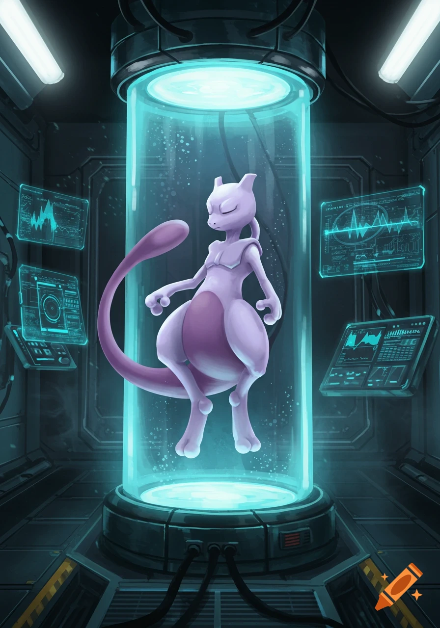Mewtwo, a purple and white Pokémon, floats inside a glowing blue laboratory tube, surrounded by scientific screens in a dark, high-tech lab.