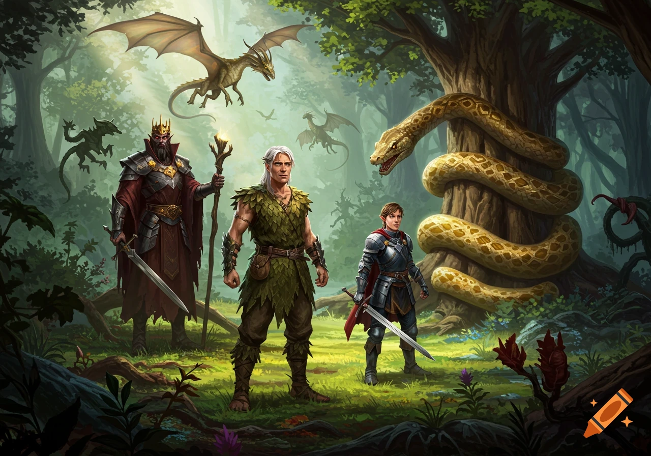 Three fantasy heroes, an evil king, and a giant python in a lush, magical forest with dragons flying overhead.