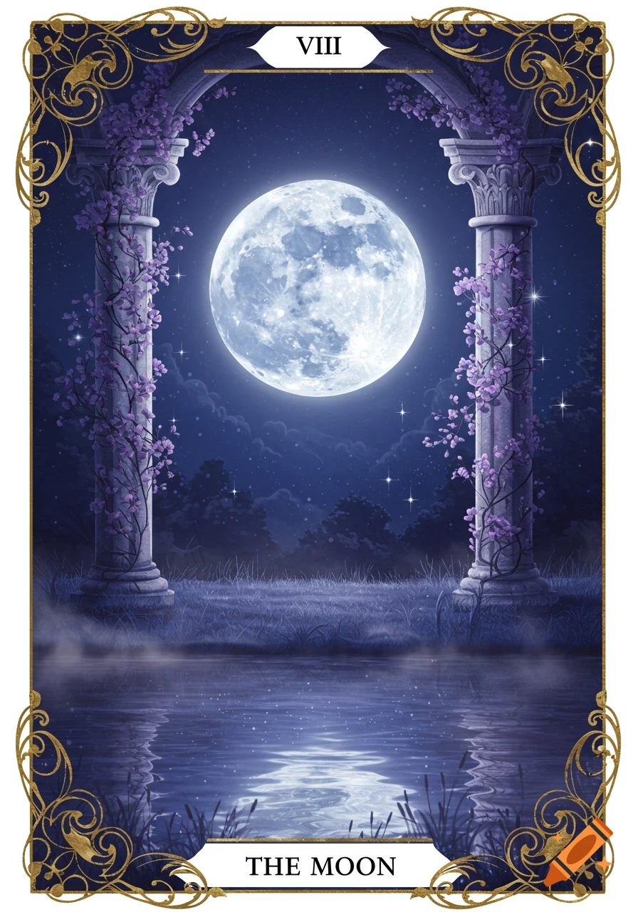 A fantasy tarot card featuring a large full moon between two columns with purple flowers, reflected in a misty pond, against a starry night sky with a golden decorative border. Titled 'THE MOON'.
