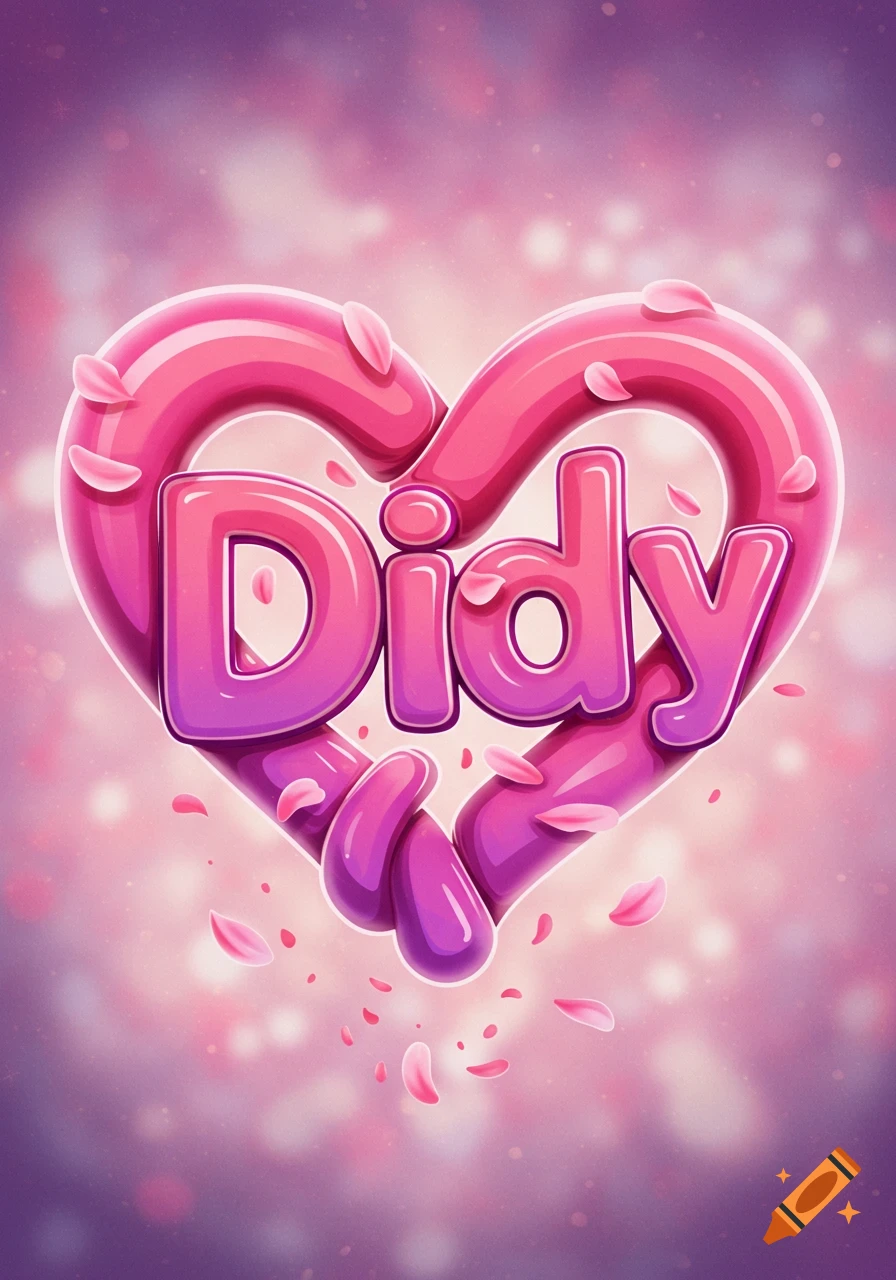 Glossy pink and purple 3D word 'Didy' intertwined with a heart, surrounded by pink petals on a soft bokeh background.