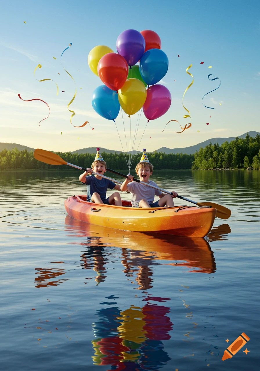 Two young boys in birthday hats joyfully paddle a kayak on a lake, surrounded by colorful balloons and confetti. Photorealistic.