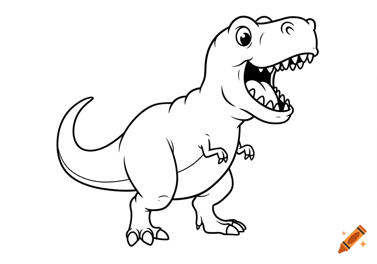 Black and white cartoon T-Rex roaring with its mouth open, simple line art style.