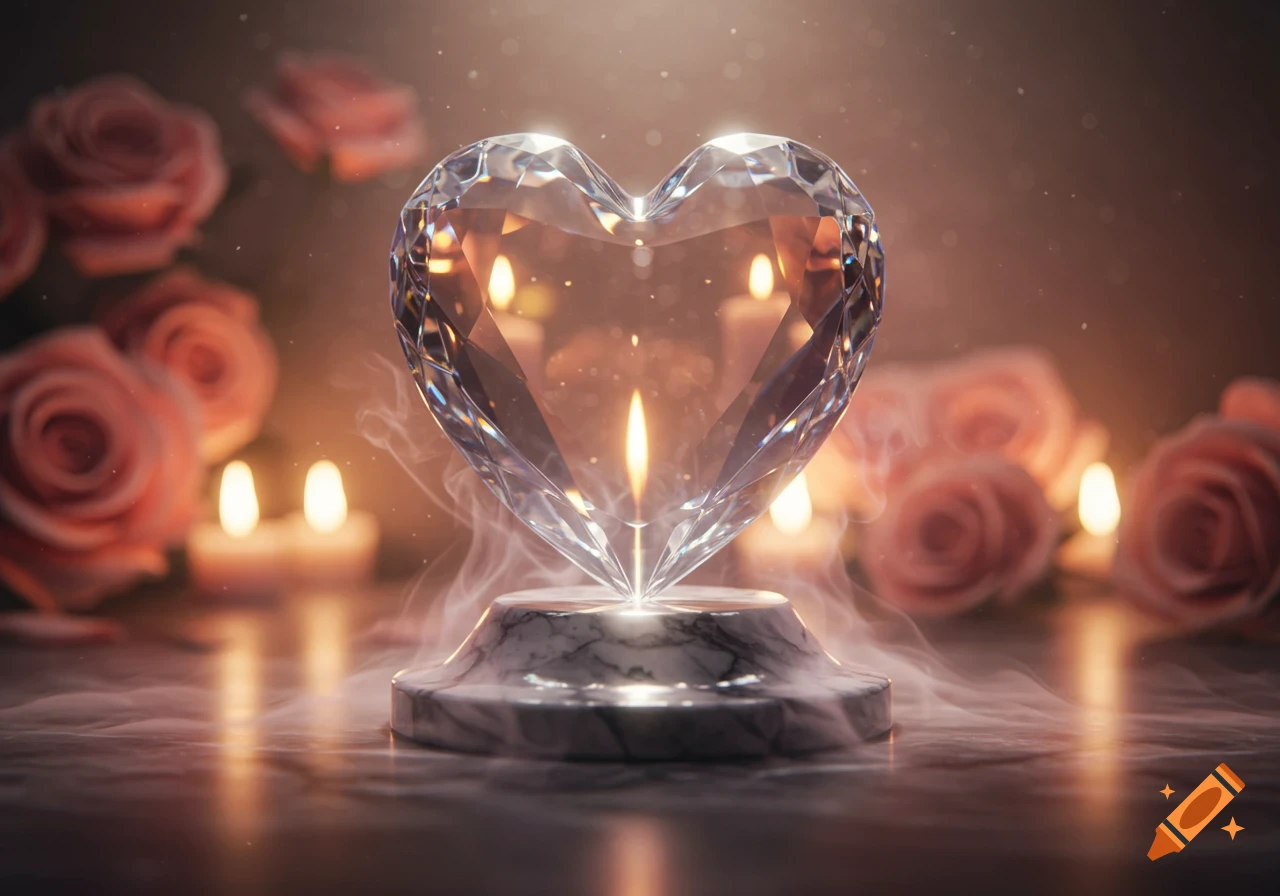 A sparkling faceted diamond heart on a marble base, surrounded by pink roses, glowing candles, and ethereal mist.