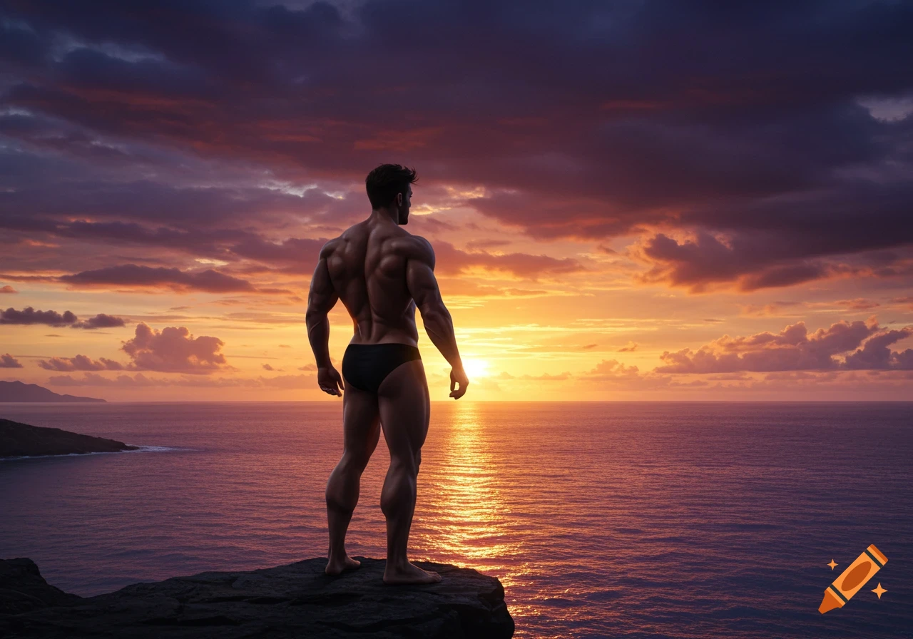 Muscular man in black briefs stands on a cliff overlooking a vibrant ocean sunset, back to viewer, photorealistic.