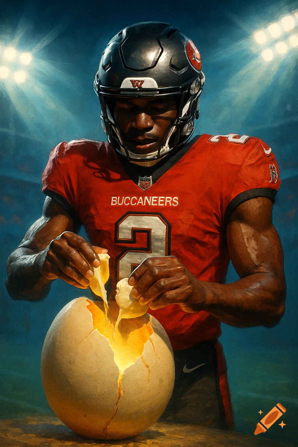 Digital art of a football player in a red Buccaneers jersey cracking a large glowing egg on a field.