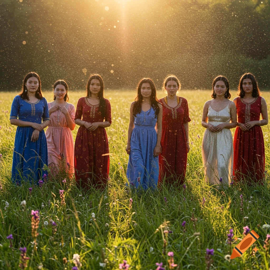 Seven women in various colored dresses standing in a sunlit field with wildflowers.