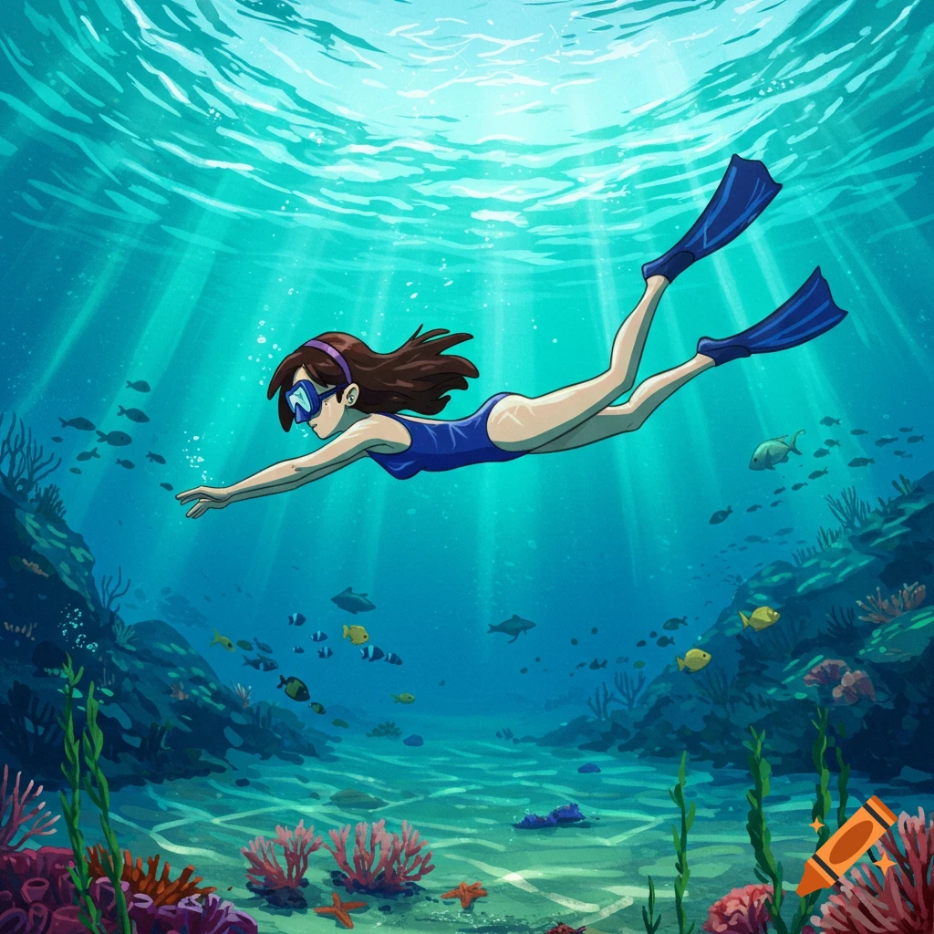 Anime character snorkeling in a blue swimsuit and flippers underwater, exploring a colorful coral reef with fish.