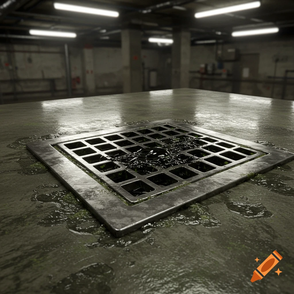 Photorealistic image of a grimy stainless steel floor drain with black mold and slime on a wet concrete floor.