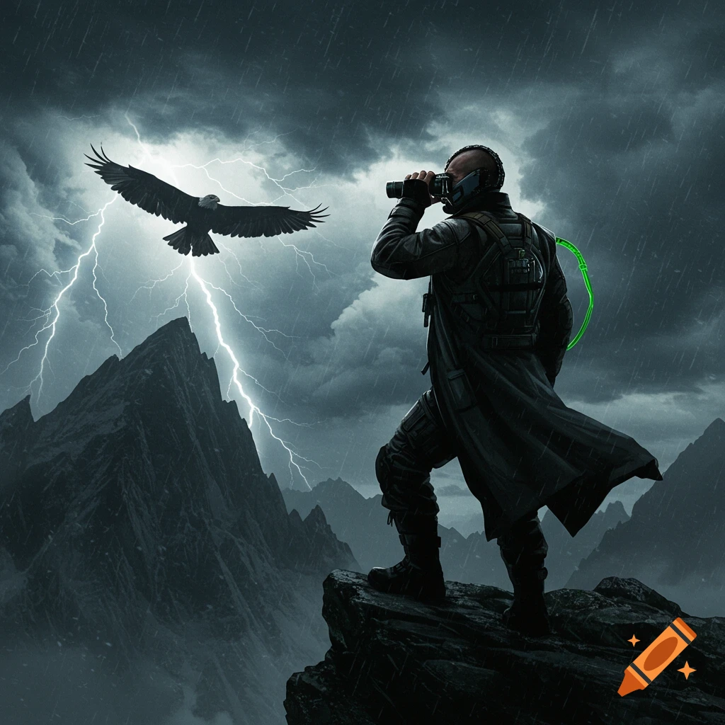 Bane-like figure in a coat and mask stands on a stormy mountain, looking through binoculars at a flying eagle as lightning strikes.