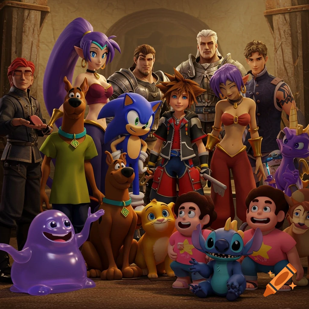 A large group of animated and video game characters including Scooby-Doo, Sonic, Sora, Shantae, Spyro, Stitch, Steven Universe, and a purple blob creature stand together in a fantasy-style hall.