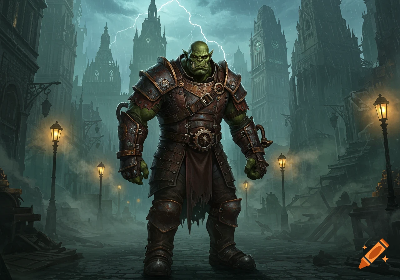 Heavily armored orc stands in a dark, rainy gothic city street with lightning in the sky and glowing streetlights.