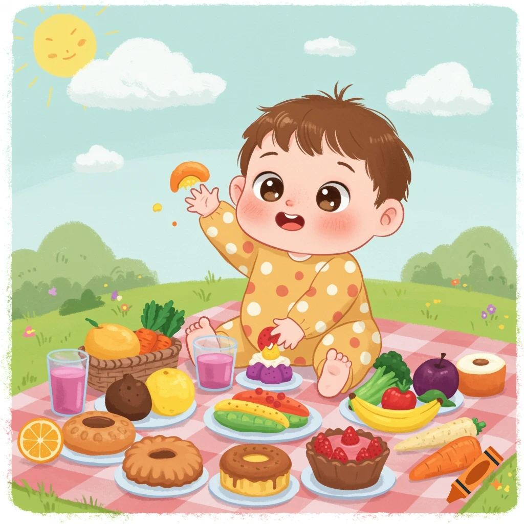 A cute cartoon toddler sits on a picnic blanket, surrounded by colorful fruits, vegetables, and cakes, under a sunny sky.