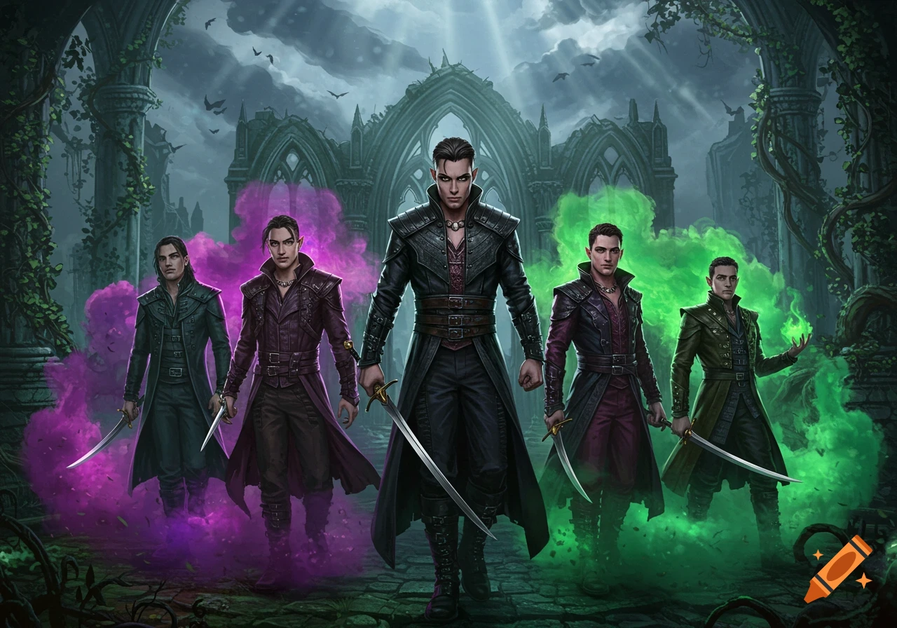 Five dark fantasy men with swords and magic stand in front of gothic ruins under a stormy sky.