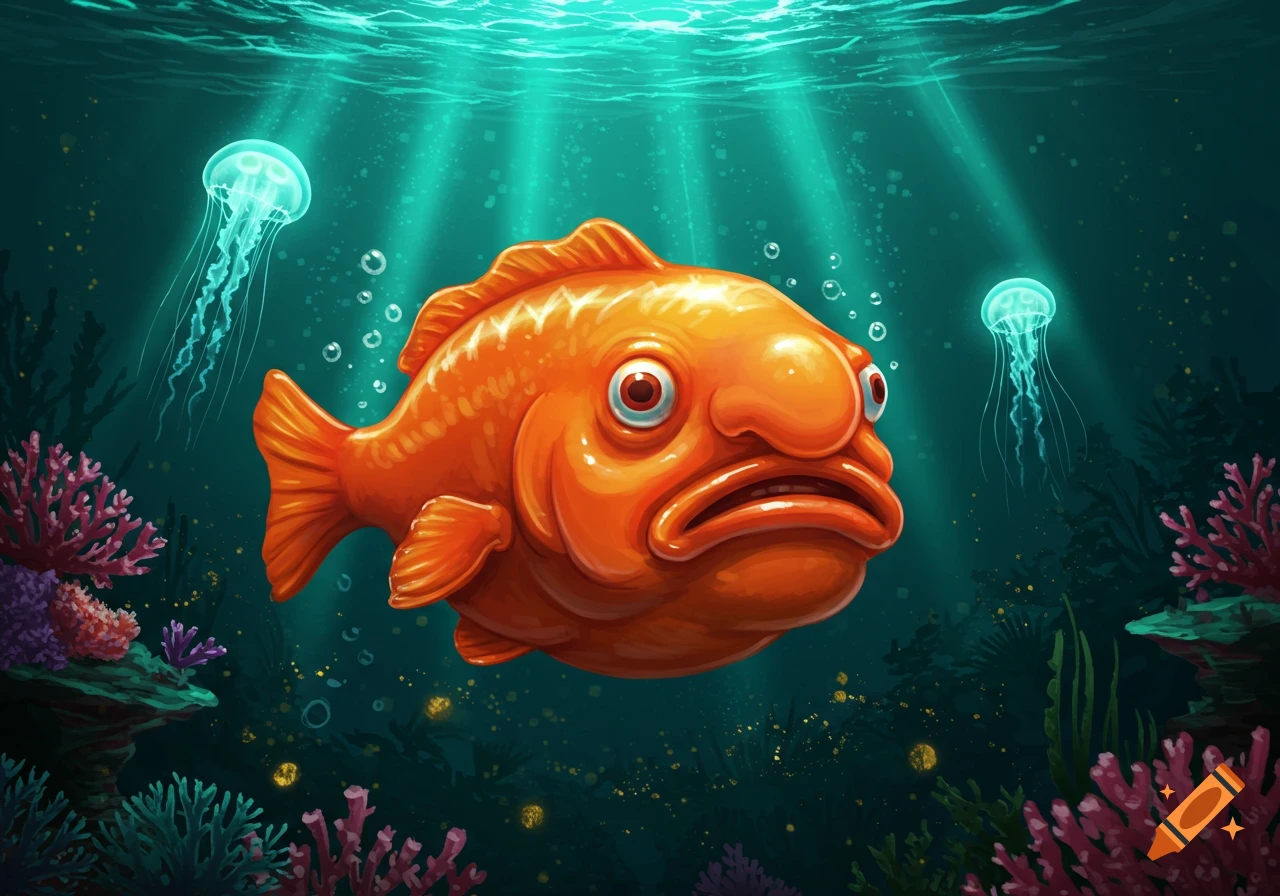 An illustrated orange blob fish with big eyes and a grumpy expression swims in a vibrant underwater scene with glowing jellyfish and coral.