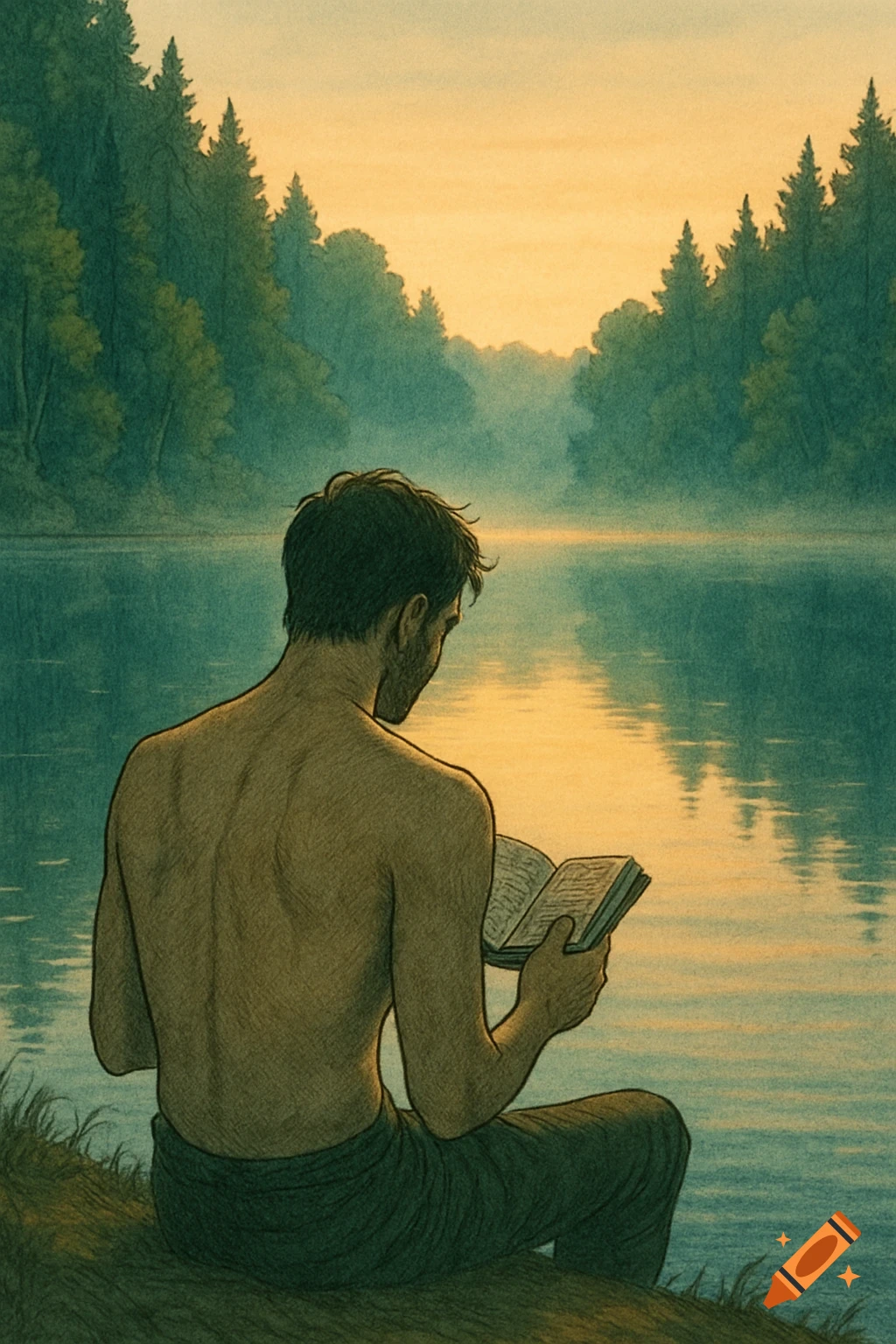 Artistic illustration of a man reading a book by a serene lake at sunset, surrounded by a forest.