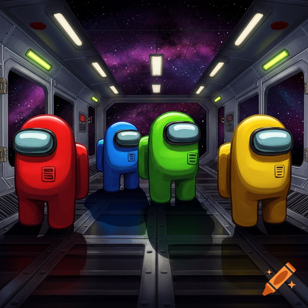 Four colorful Among Us characters, red, blue, green, and yellow, stand in a futuristic spaceship corridor with purple starry space visible through windows.
