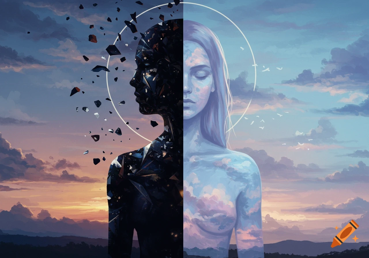 A stylized woman's body split vertically. The left half is dark, shattered fragments against a sunset; the right is light, cloud-filled against a blue sky, with a white halo.
