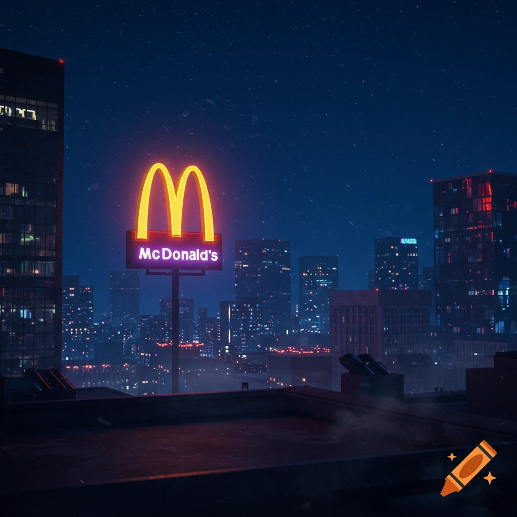 Neon McDonald's sign overlooking a dark, rainy city skyline from a rooftop at night.