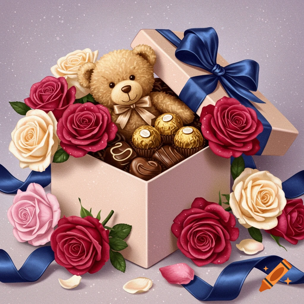 An open gift box containing a teddy bear, various chocolates, and an assortment of red, pink, and cream roses, with blue ribbons.