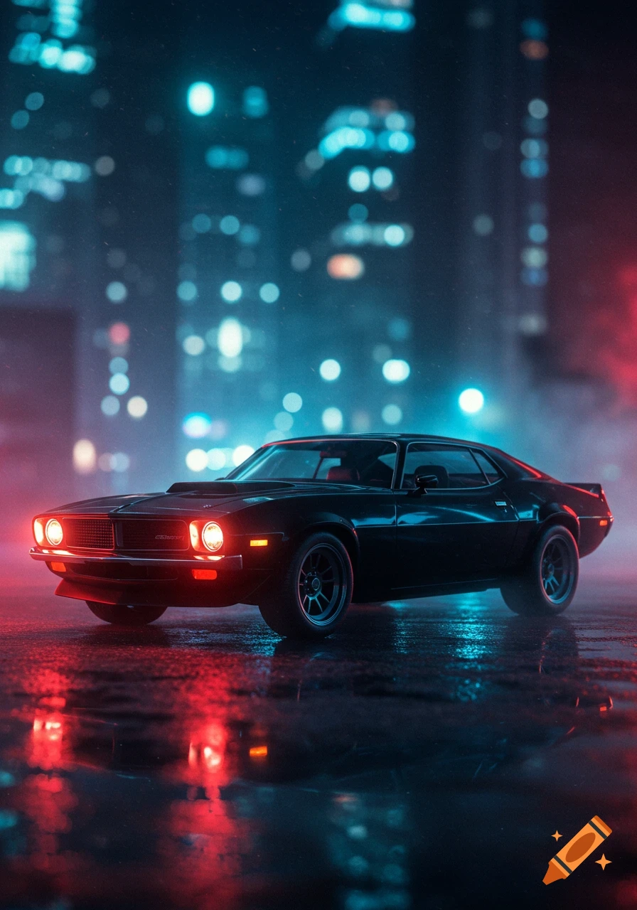 A dark muscle car with glowing red headlights sits on a wet, rainy street at night, reflecting neon red and blue city lights.