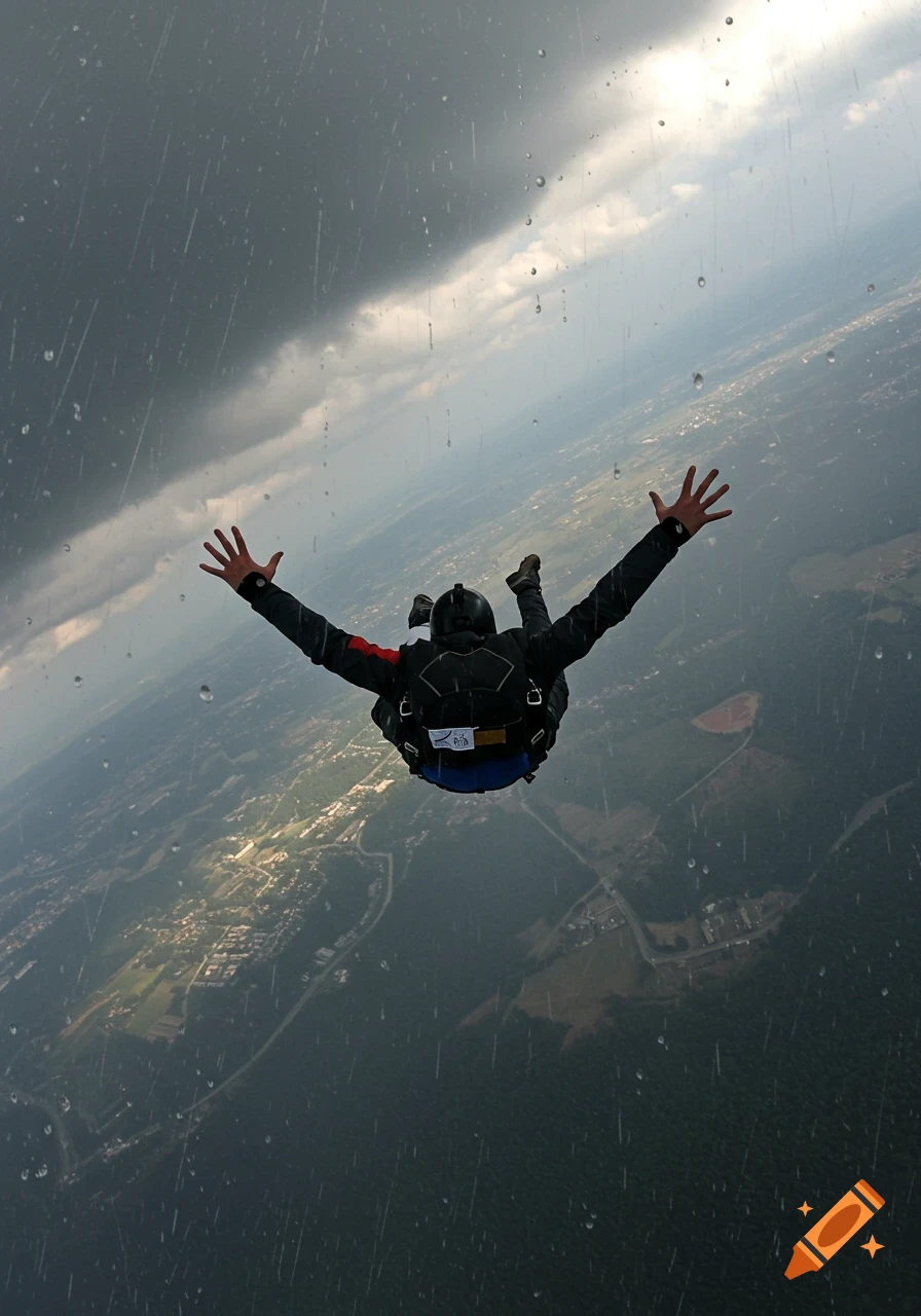 A first-person view of a skydiver freefalling through a rainy, overcast sky, with the ground visible far below.