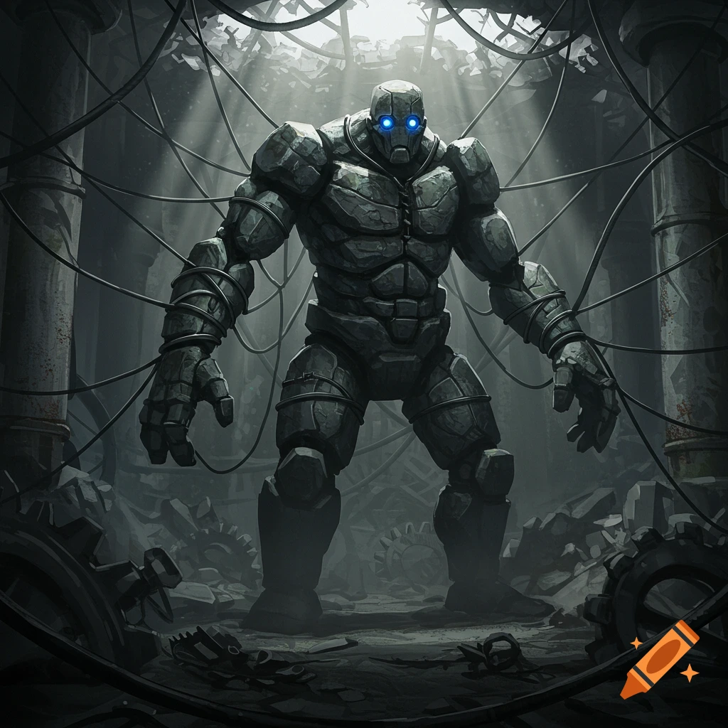 A large stone golem with glowing blue eyes stands among tangled wires and rubble in a dark, dystopian industrial setting.