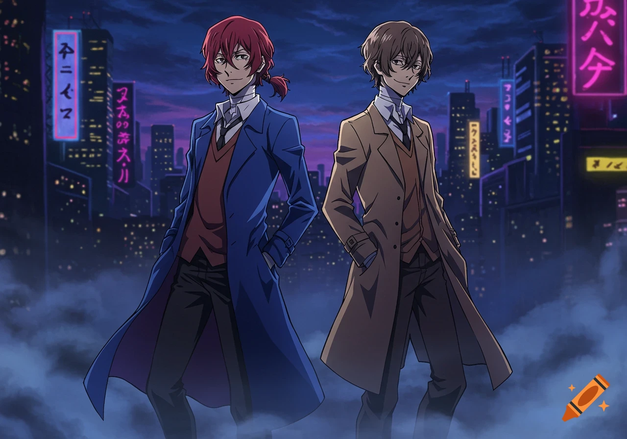 Two anime characters, a redhead in a blue coat and a brunette in a brown coat, stand in a cyberpunk city at night.