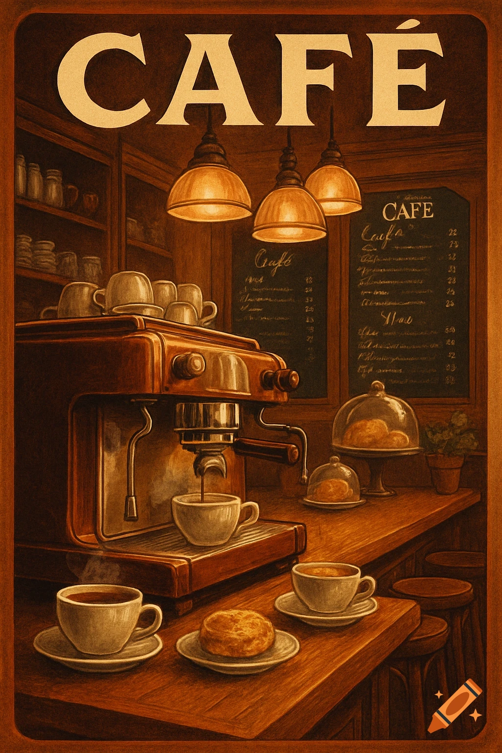 Vintage style poster of a cafe counter with an espresso machine, cups of coffee, and pastries under warm lamps.