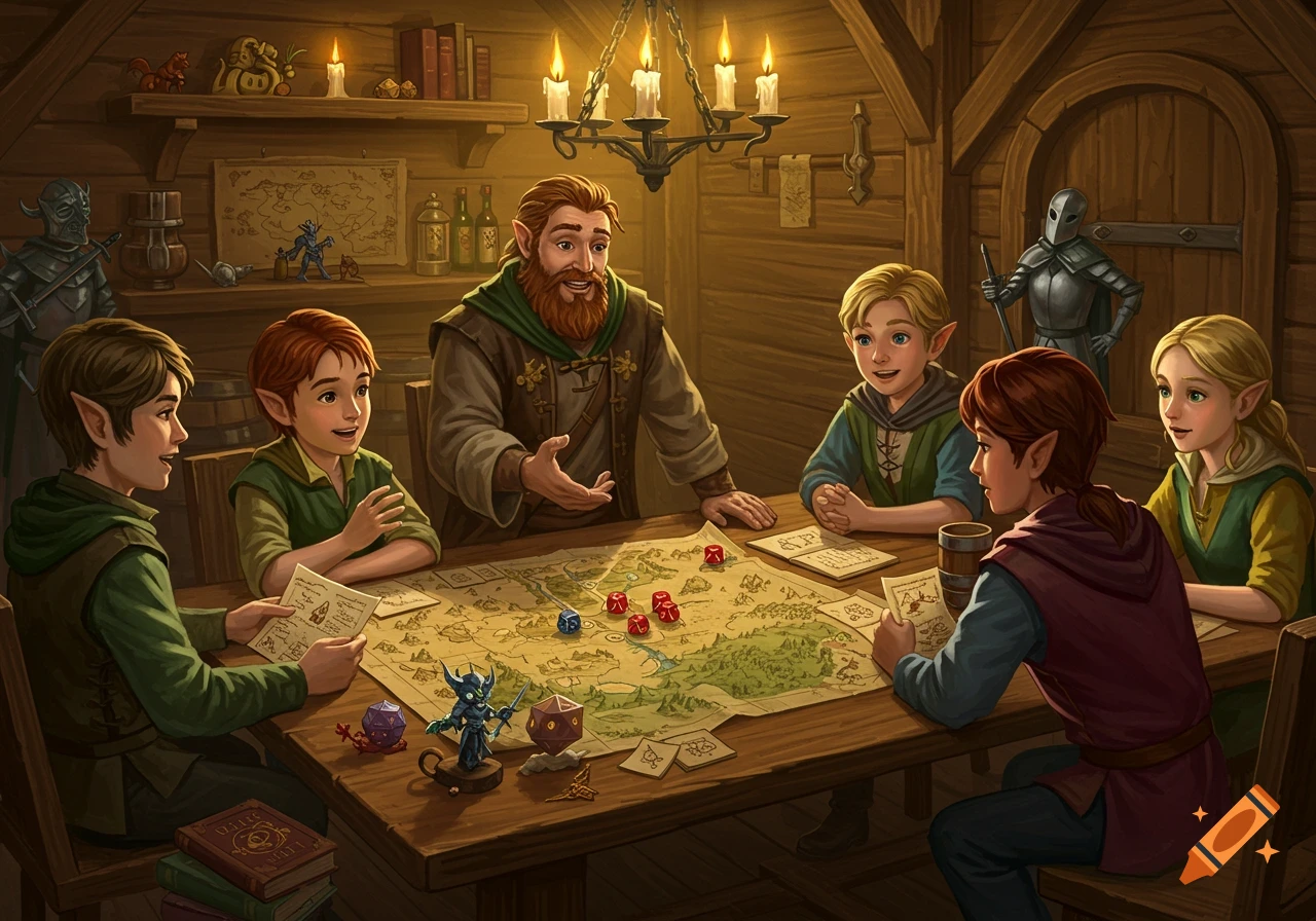 A diverse group of fantasy characters, including elves and a bearded man, gathered around a table playing a D&D-style board game.