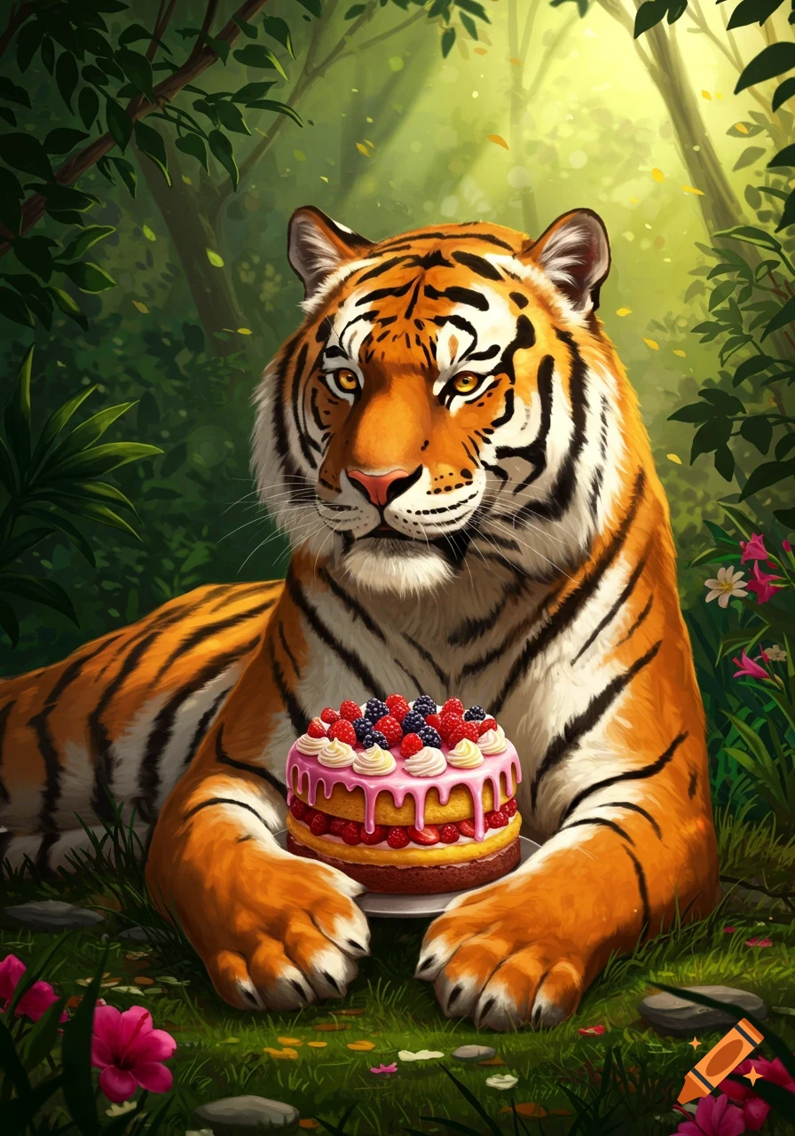 A vibrant illustration of a tiger lying in a lush jungle, gently holding a berry-topped cake with pink icing.