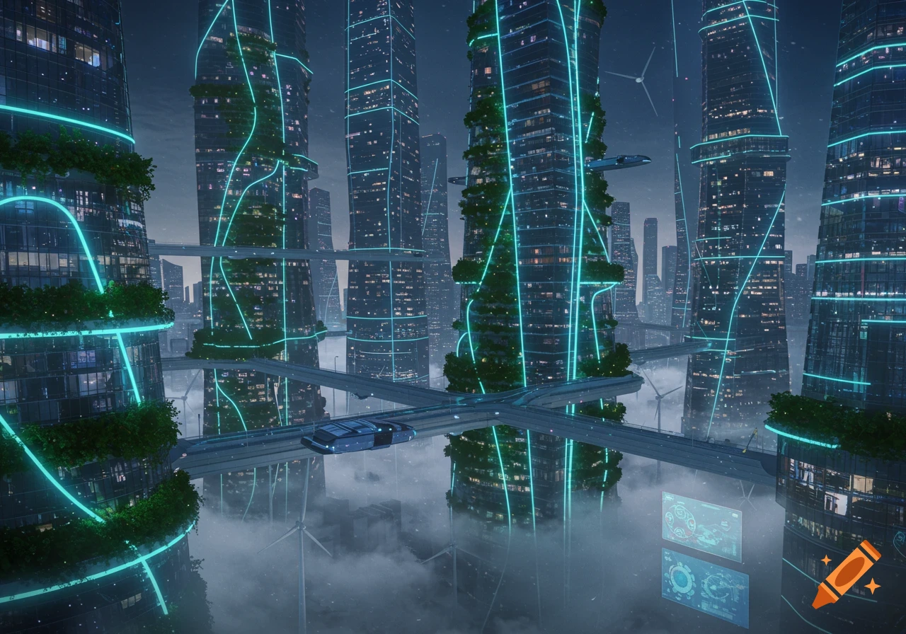 A photorealistic futuristic cityscape with towering skyscrapers adorned with glowing blue lines and greenery, connected by elevated roads, and flying vehicles over misty clouds.