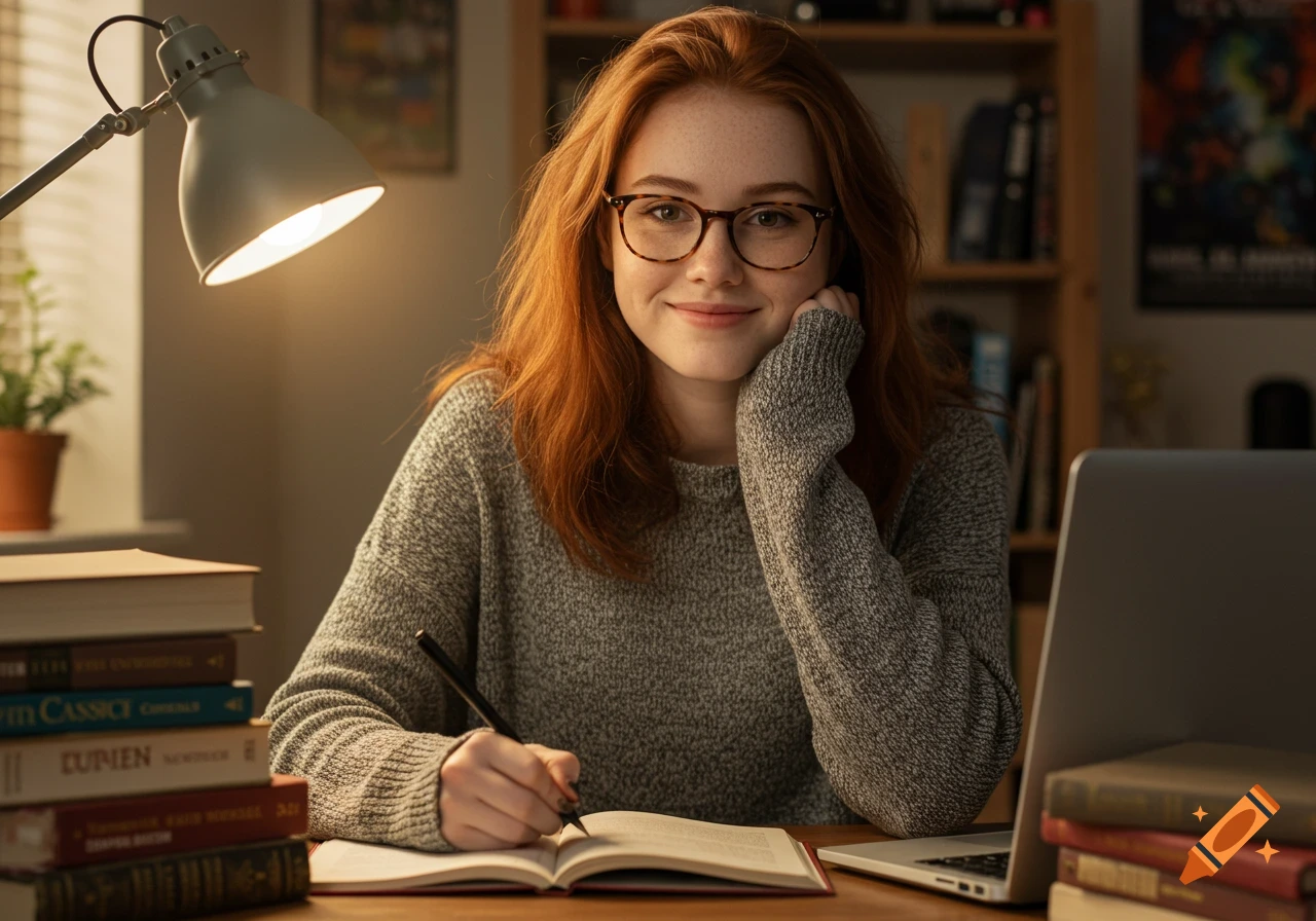 Photorealistic portrait of a smiling red-haired woman with glasses writing in a notebook at a desk surrounded by books and a laptop.