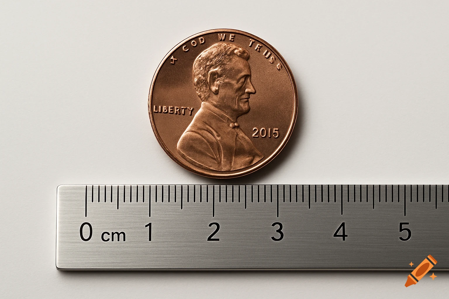 A close-up, top-down shot of a 2015 US penny and a metal ruler on a white surface, showing the penny is approximately 2 cm in diameter.