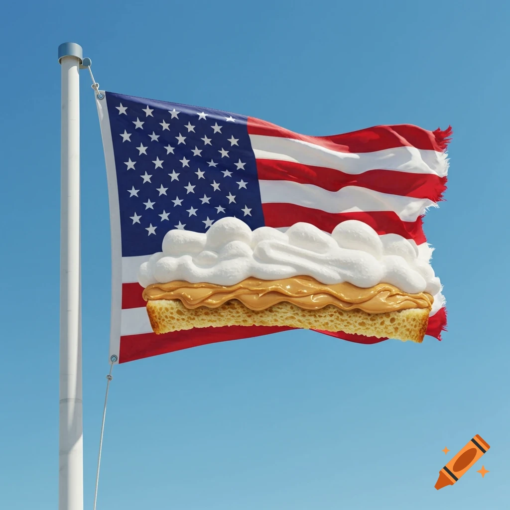 An American flag depicted as a flying fluffernutter sandwich (peanut butter, marshmallow fluff on bread) against a blue sky.