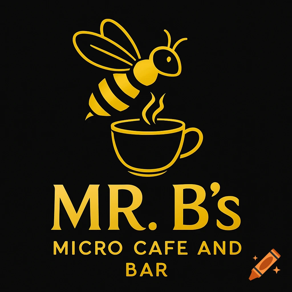 A yellow and black logo for 'MR. B's Micro Cafe and Bar' featuring a stylized bee flying above a steaming coffee cup.