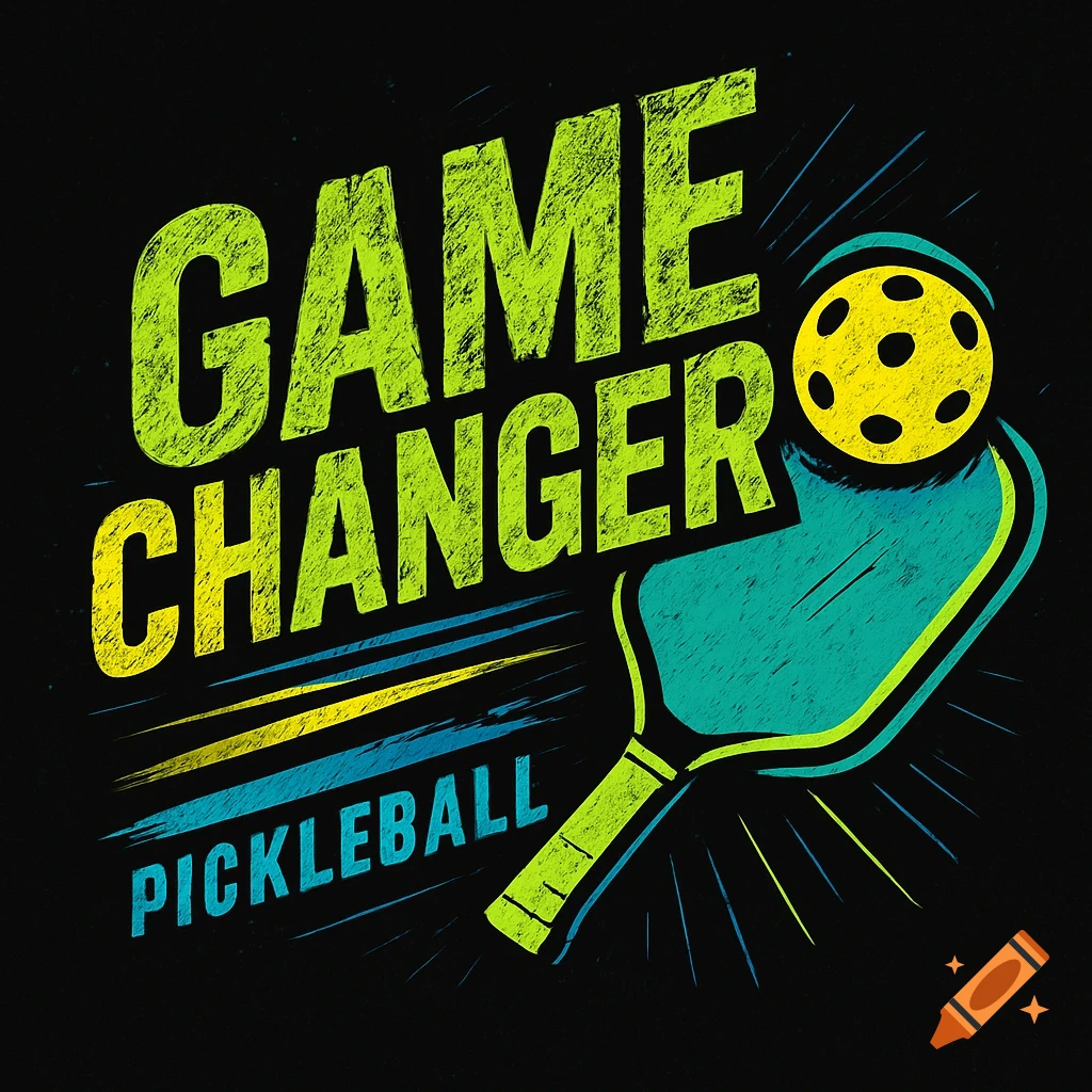 Graphic with 'GAME CHANGER PICKLEBALL' text, a blue paddle, and yellow ball on a black background, distressed style.