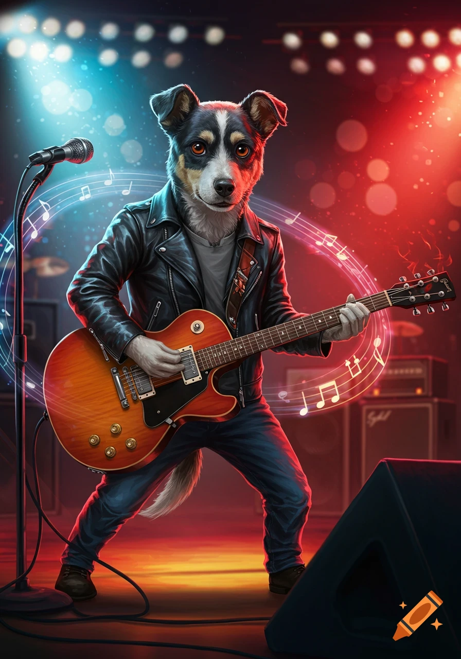 A cool anthropomorphic dog wearing a leather jacket plays an electric guitar on a stage with colorful spotlights and musical notes floating around.
