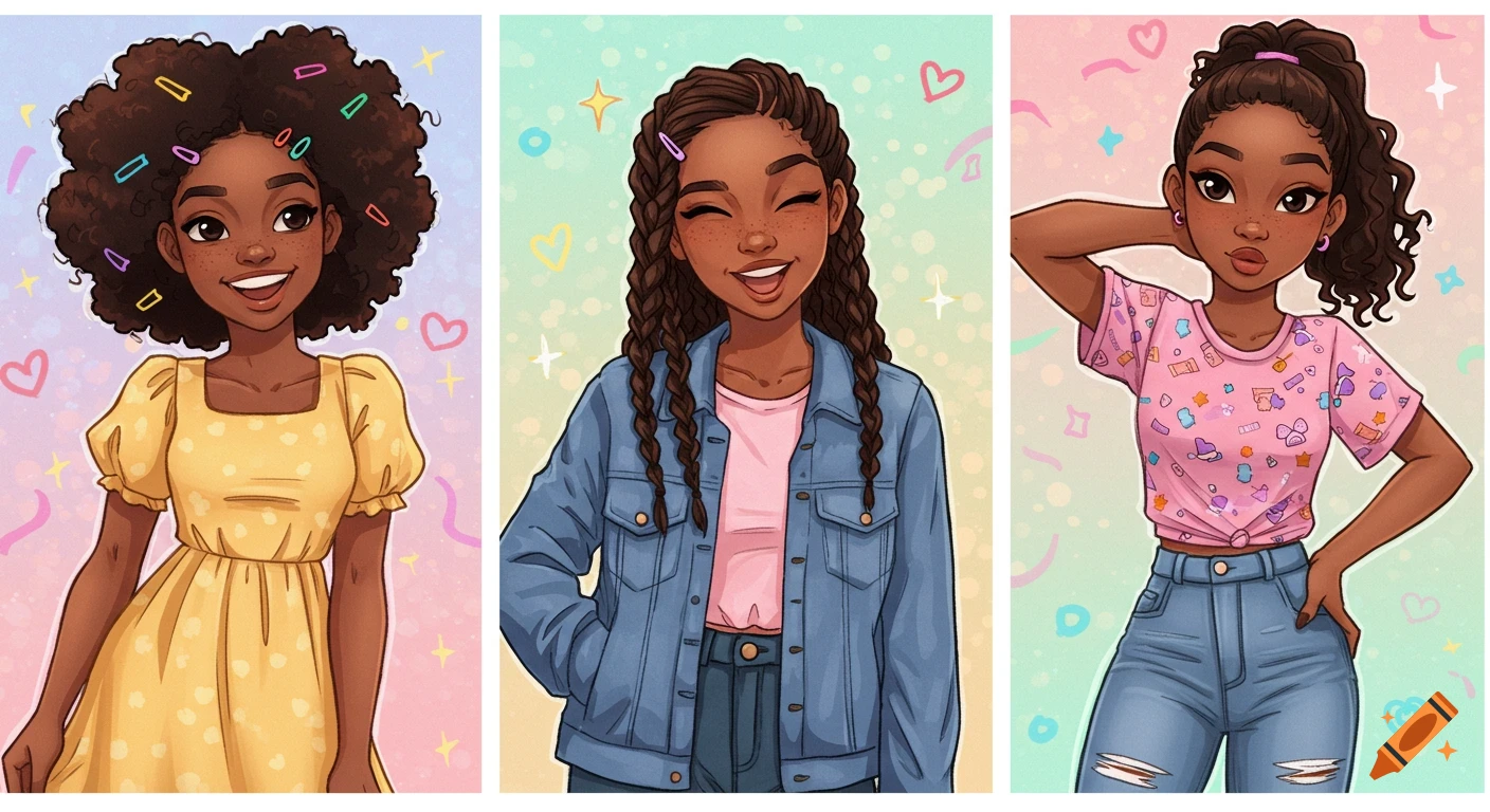 Three animated black girls smiling, each with different hairstyles and outfits, against a pastel background.