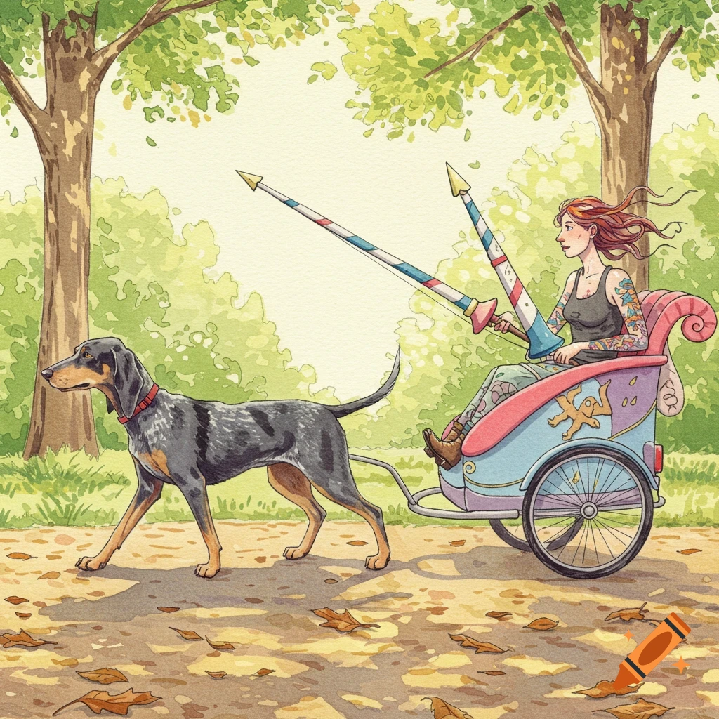 Watercolor illustration of a bluetick coonhound pulling a woman with jousting lances in a trailer through a sunny park.