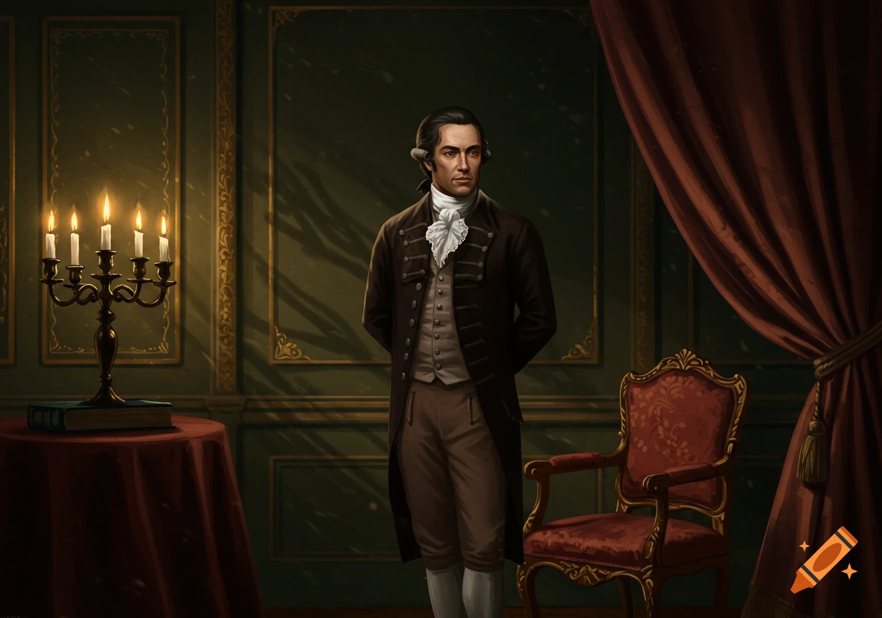 A dark-haired colonial gentleman in a brown coat and white cravat stands in a dimly lit room with a candelabra, red draped table, and ornate chair.