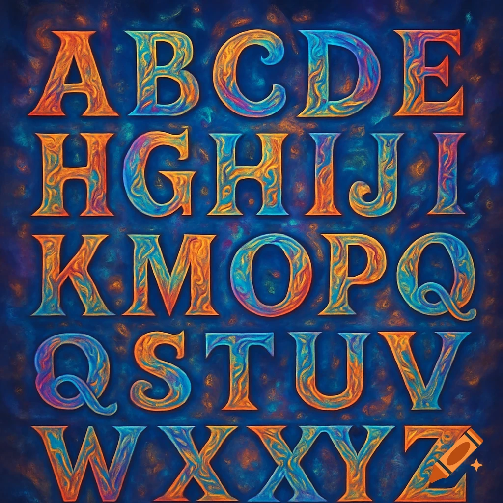 Stylized alphabet letters A to Z with colorful, swirling patterns on a dark blue background.